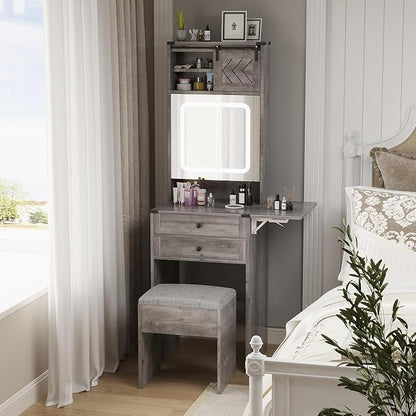 ARTETHYS Farmhouse Small Vanity Desk Set with Mirror Cabinet Compact Makeup Vanities Set with 3 Adjustable Lights and Storage Chair for Compact Space, Gray Dressing Table with Fold-up Panel
