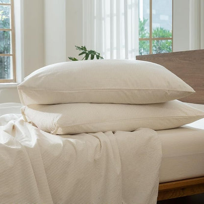 MooMee Striped Duvet Cover Set 100% Washed Cotton Linen Like Textured Breathable Durable Soft Comfy (Almond Milk Grey Pinstripes, Full 80"x90")