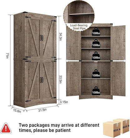 71" Tall Kitchen Pantry,Farmhouse Storage Cabinet with Adjustable Shelves,Load-Bearing Steel Pipe,Farmhouse Pantry Cabinet with 4 Barn Doors,for Kitchen,Dining Room,Living Room(Light Rustic Oak)