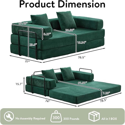 4-in-1 Convertible Folding Sleeper Sofa Bed, Fold Out Floor Sofa Couch with Fixed-Shape Frame, Cloud Corduroy Foldable Mattress Couch for Living Room Bedroom (78.5" Corduroy, Dark Green)