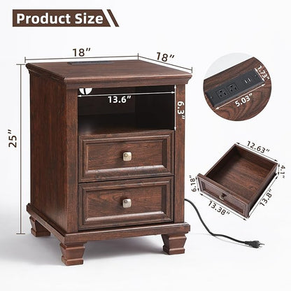 SAVOR LIFE Farmhouse Nightstand with Charging Station, Rustic Brown Nightstand, 2 Drawers End Table, Bedside Table with Open Shelf for Bedroom, Walnut