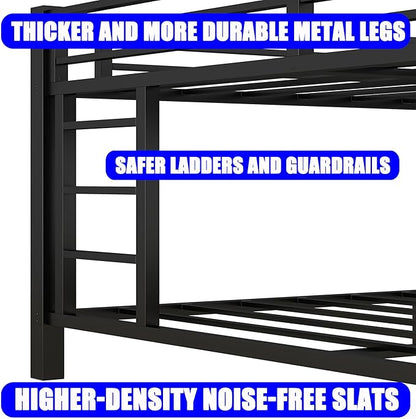 Upgraded Version Thickened Metal Heavy-Duty Queen Over Queen Bunk Bed, Best Modern Style Stronger Queen Size Bunk Bed Frame with Ladder for Adults, Easy Assembly (Queen Over Queen)