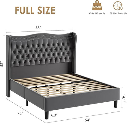 Upholstered Full Size Bed Frame with Tall Headboard, Velvet Wingback Platform Bed Frame with Deep Button Tufted, No Box Spring Needed, Noise Free, Grey