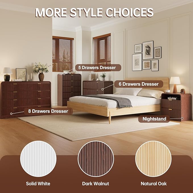 FURSUN Fluted 6 Drawers Dresser for Bedroom, 54" Wide Wooden Dresser with Metal Handle, Curved Profile Design, Modern Storage Organizer for Bedroom, Living Room, Hallway, Walnut