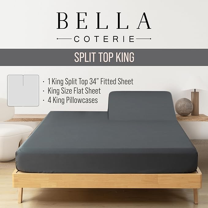 Bella Coterie 6 Piece Luxury Bamboo Viscose Split Top King Size Sheet Set | 34" Split for Adjustable Beds | 100% Organically Grown| Cooling | 18” Deep Pocket | 4 Pillowcases [Charcoal Grey]