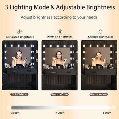Black Vanity Desk with Mirror, Lights & Charging Station, 58.3" 3 Lighting Modes Makeup Desk with 8 Drawers, 2 Cabinets and Lots Storage, Dressing Table Vanity Set with Lighted Mirror