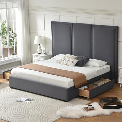 YUHUASHI King Size Bed Frame with 64-inch High Headboard, Simple and Airy Linen Upholstered Platform Bed with Storage Drawers, Wood Slat, No Noise (Grey, King (U.S. Standard))