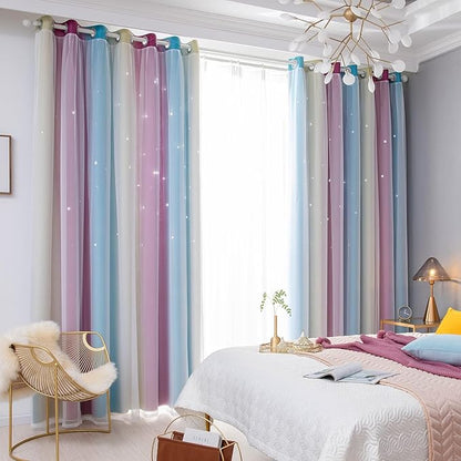 Star Blackout Curtains - Bedroom Cute Kids Rainbow, 96 Inch Long 2 Panels, Purple & Blue, 42 x 96 Inch