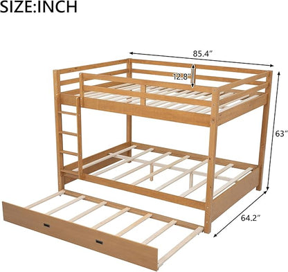 Upgraded Version Thicken Solid Wood Queen Over Queen Bunk Bed with Twin XL Size Trundle, Best Wooden Bunk Bed for Adults, Easy to Assemble (Wood Color with Trundle)