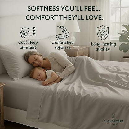 Cloud Scape Linen 100% Egyptian Cotton Sheets Full Size, 4 Pieces Luxury Bedding Set, 400 Thread Count,Hotel Quality, Silky Soft, Deep Pockets up to 17, Light Grey