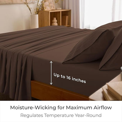 Mellanni Queen Sheet Set - 6-Piece Iconic Collection Bedding, (Including 4 Pillowcases), 16-Inch Deep Pocket, Easy Care, Extra Soft, Cooling Sheets, Brushed Microfiber - Brown