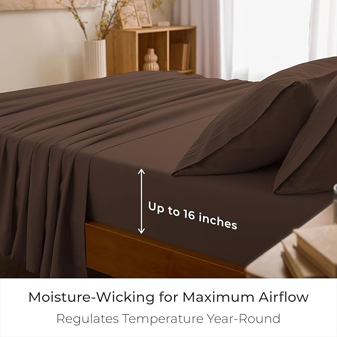 Mellanni Split King Sheet Set - 7-Piece Iconic Collection Bedding, (Including 4 Pillowcases), 16-Inch Deep Pocket, Easy Care, Extra Soft, Cooling Sheets, Brushed Microfiber - Brown