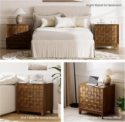 COLAMY Night Stand Set of 2, Nightstand with Charging Station, 22" Modern Bed Side Table with 2 Storage Drawers and Chessboard Relieffor Bedroom, Dorm and Small Spaces - Walnut