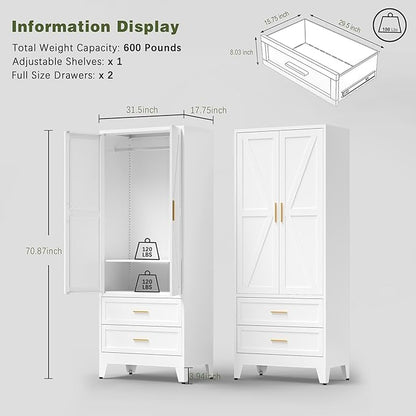 COFaR Metal Wardrobe Cabinet, 71 Farmhouse Armoire Wardrobe Closet with Rods, 2 Barn Doors, Adjustable Shelves, Steel with 2 Drawer Bedroom armoires, White