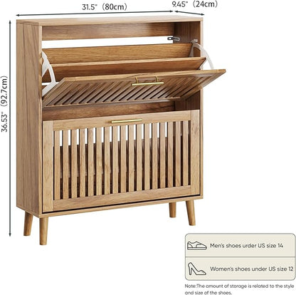Shoe Storage Cabinet with 2 Flip Slatted Drawers, Narrow Freestanding Shoe Cabinet with Gold Handle, Hidden Entryway Shoe Organizer for Hallway, Foyer, Natural Oak