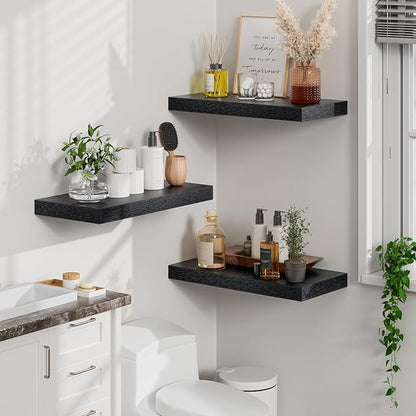 Heimlove 12" Deep Black Floating Shelves for Wall, 24 Inch Shelf Bathroom Shelves Set of 2, Mounted Shelves for Books Living Room Laundry Room Bedroom Kitchen Home Office