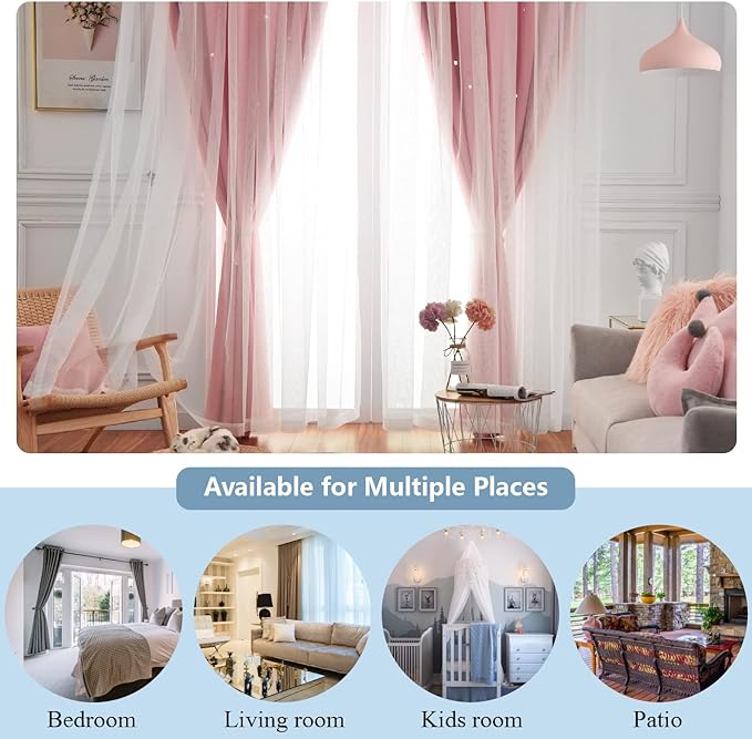 Star Curtains Blackout Curtains for Bedroom, Double Layer Curtains Nursery Curtains Cute Curtains, Kids Curtains for Girls, Curtains 108 Inches Long Set of 2, Pink Curtains, 52 X 108 Inches
