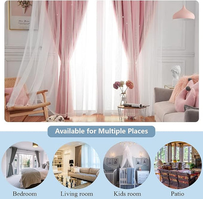 Star Curtains Blackout Curtains for Bedroom, Double Layer Curtains Nursery Curtains Cute Curtains, Kids Curtains for Girls, Curtains 63 Inch Length 2 Panels, Pink Curtains, 52 X 63 Inches