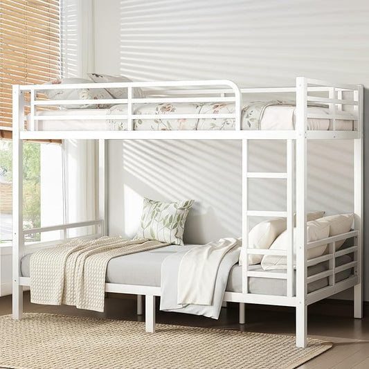 Twin XL Over Twin XL Bunk Bed Frame, Heavy Duty Metal Loft Bed for Adults/Teens, 350/500LB Capacity w/Ladder & Guardrail, Noise-Free Steel Slats, No Box Spring Required, White