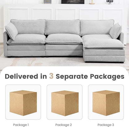 ROWHY Oversized Modular Sectional Sofa with Movable Ottoman, 112 Inch 4 Seat Modern Corduroy Sofa Set, Convertible L Shaped Couch for Living Room and Office, Light Grey