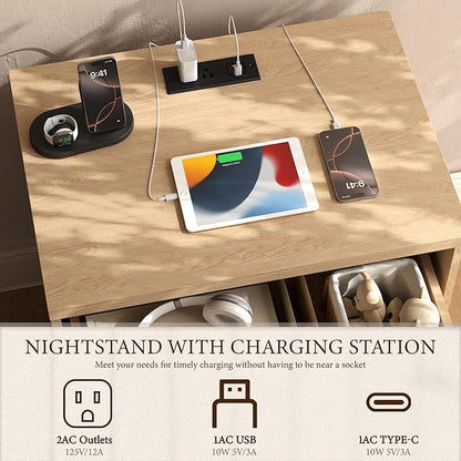Yechen Nightstand with Drawers, Modern Arched Reeded Wood Nightstand with Charging Station, Wooden Night Stand with Storage,Bedside End Tables for Bedroom, Natural