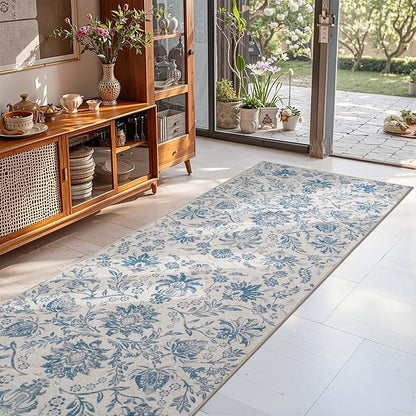 jinchan Torino Runner Rugs 3x8, Vintage-Inspired Floral Design Machine Washable Non-Slip Ultra-Thin Low-Pile Rubber Backing Traditional Rug for Kitchen Hallway Laundry Room Entryway Dark Blue