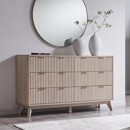 T4TREAM Fluted 6 Drawers Dresser, 54" Wide Modern Chest of Drawers, Curved Profile Design, Dresser TV Stand, Wood Drawer Organizer for Bedroom, Living Room, Hallway, White Alder