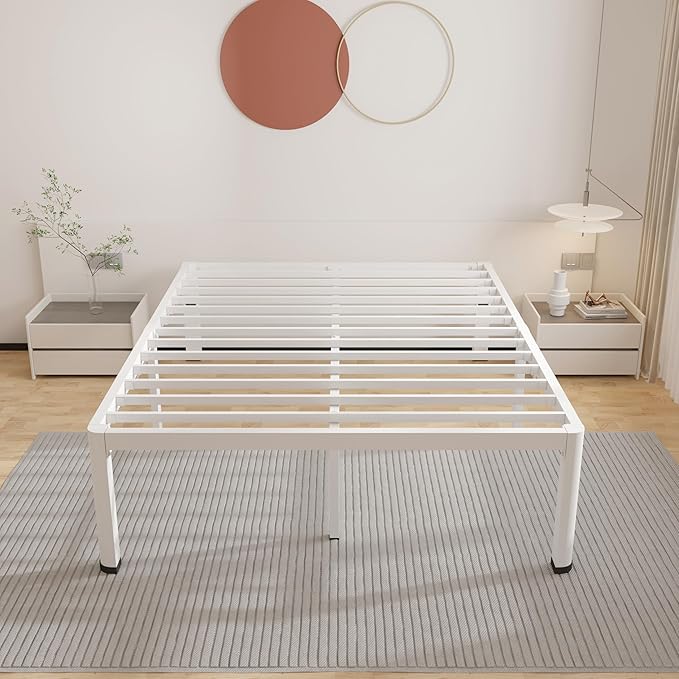 ROIL 20 Inch White Full Bed Frame with Rounded Corner and Headboard Hole Mattress Retainers, 3500LBS Heavy Duty Steel Slats No Box Spring Needed Platform Noise-Free Easy Assembly