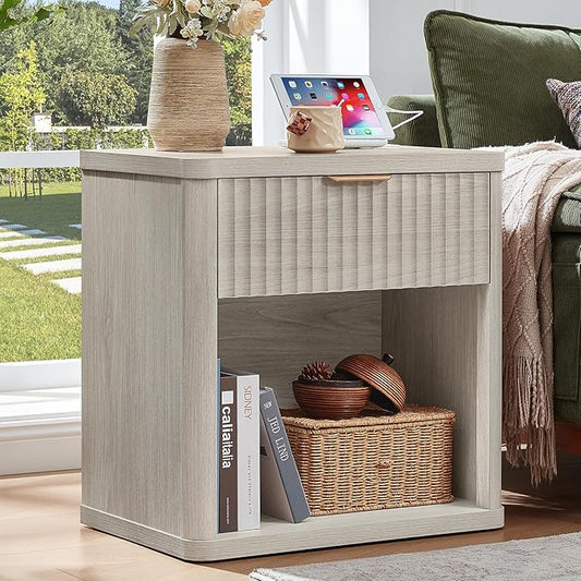 LEYAOYAO 23" Wide Fluted Night Stand with Charging Station, 1 Drawers Large End Table with Storage, LightGrey Nightstand Wood Bedside Tables, Farmhouse Cabinet Dresser for Bedroom, Closet