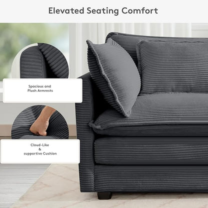 ROWHY 113'' Modular Sectional Cloud Corner Couch, 5 Seater L Shape Sofa Big Comfy Corduroy Oversized Couch with 2 Pillows Movable Ottoman, Deep Seat Sectional Couches for Living Room Office Dark Grey