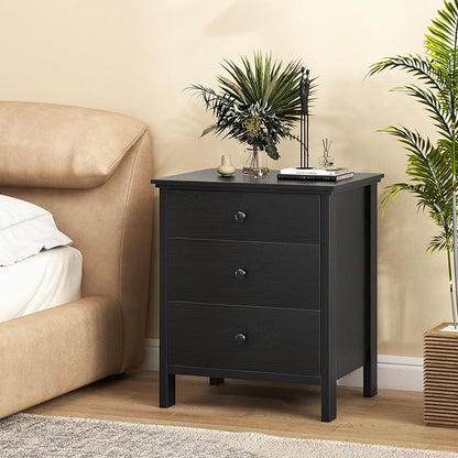 Giantex Nightstand with 3 Drawers, Wooden Side End Table with Solid Wood Legs, Retro 3-Drawer Bedside Table Night Stand for Bedroom Home Office Small Space, Easy Assembly, Black