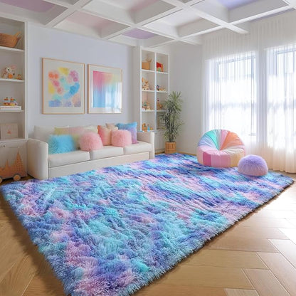 PAGISOFE 8x10 Area Rug, Cute Kawaii Purple Rainbow Rug for Girls Bedroom, Soft Fluffy Shag Rug for Girls Room, Baby, Kids Playroom, Nursery, Classroom, Plush Furry Mermaid Rug, Fuzzy Pastel Carpet
