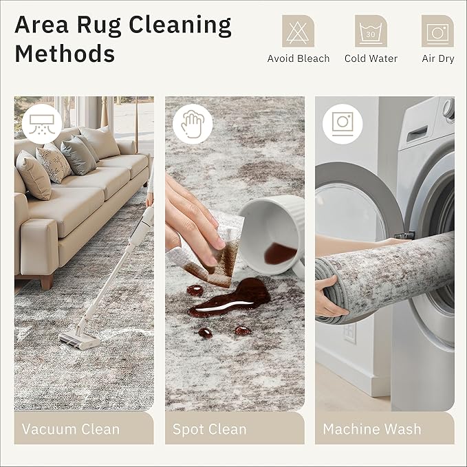 9x12 Area Rugs for Living Room, Non Slip Machine Washable Vintage Rugs, Low Pile Lightweight Large Rug for Bedroom, Dining Room, Home Office Grey Pink