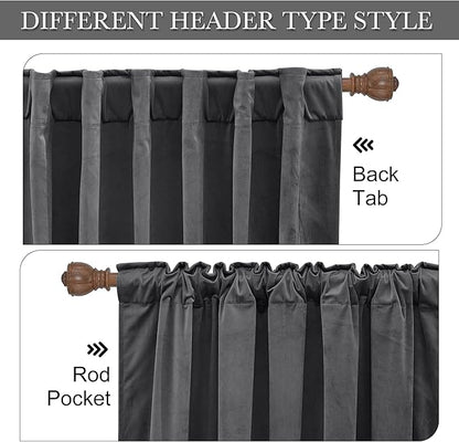 RYB Home Velvet Curtains for Living Room - Super Soft Luxury Back Tap Velvet Textured Window Drapes Room Darkening Thermal Insulated Panels for Bedroom Home Office, Grey, W52 x L96 inches, 2 Pieces
