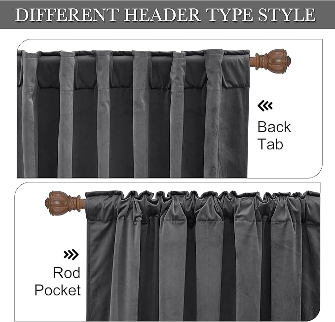 RYB Home Back Tabs Velvet Curtains for Living Room 108 inches - Classic Grey Window Drapes Room Darkening Thermal Insulated Panels for Bedroom Home Office, W52 x L108 inches, 2 Pieces