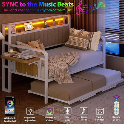 Daybed with Trundle, Twin Trundle Bed Frame - Metal Day Bed with LED Lights, Upholstered Storage Headboard & Charging Station, Pop Up Sleeper, Modern Design for Living Room and Guest Room-White