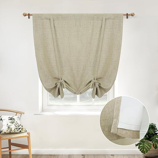 DriftAway Double Layer Linen Blackout Tie Up Curtains Thermal Insulated Fully Lined Balloon Roman Shade Bathroom Window Adjustable Rod Pocket for Small Window 45 Inch by 63 Inch Light Khaki Linen