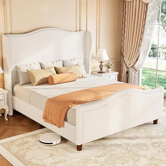 koorlian Queen Bed Frame Chenille Fully Upholstered Bed with Headboard and Footboard, 51" High Deep Tufted Wingback Sleigh Upholstered Platform Bed, Modern Retro Minimalist Style, Easy Assembly, Cream