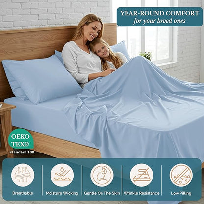 Casa Platino Queen Bed Sheets Set, Soft & Breathable Bedding for Queen Size Mattress, 4 Piece Set with Deep Pockets, Lightweight Microfiber, Pre-Washed & Durable, Cooling Sheet Set – French Blue