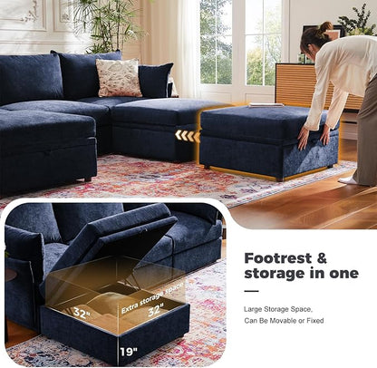 ABCASA Luxury Modular Sectional Sofa, L-Shaped 3-Seat Couch with Storage Ottoman Deep Seat & Reversible Chaise Lounge Chenille Blue for Compact Spaces, Apartments, Dorm
