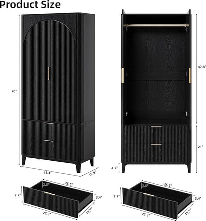 70.1" Arched Wooden Armoire Wardrobe Closet with 2 Doors and 2 Drawers, Fluted Bedroom Armoire with Hanging Rod Shelf, Clothing Storage Cabinet, Wardrobe Armoire Closet Cabinet for Bedroom