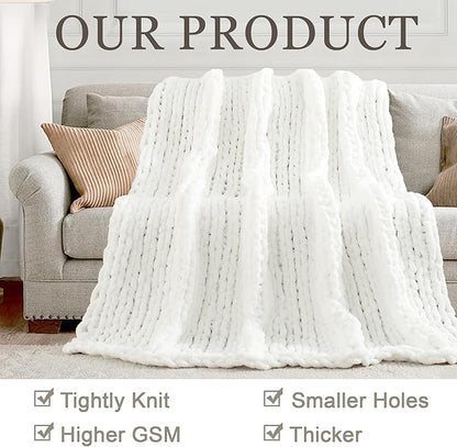 Chunky Knit Throw Blanket 50"X 60", 100% Handmade with Soft Chenille Yarn, 4.4lbs Thick Cable Knitted Blankets, Large Rope Knot Crochet Throws for Couch Sofa Bed Home Decor, Snow White