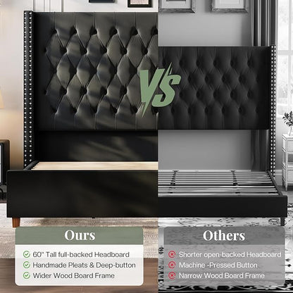 Jocisland King Size Bed Frame with 61.4" Tall Headboard, Velvet Upholstered Wingback Platform Design, Handcrafted Pleats& Deep Button Tufted, Solid Wood Legs, No Box Spring Needed, Black