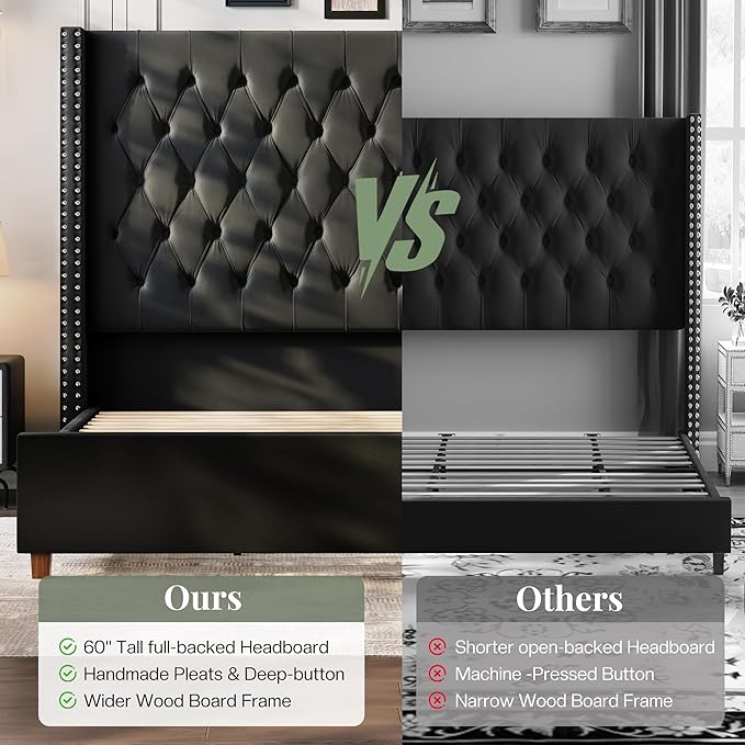 Jocisland Queen Size Bed Frame with 61.4" Tall Headboard, Velvet Upholstered Wingback Platform Design, Handcrafted Pleats& Deep Button Tufted, Solid Wood Legs, No Box Spring Needed, Black