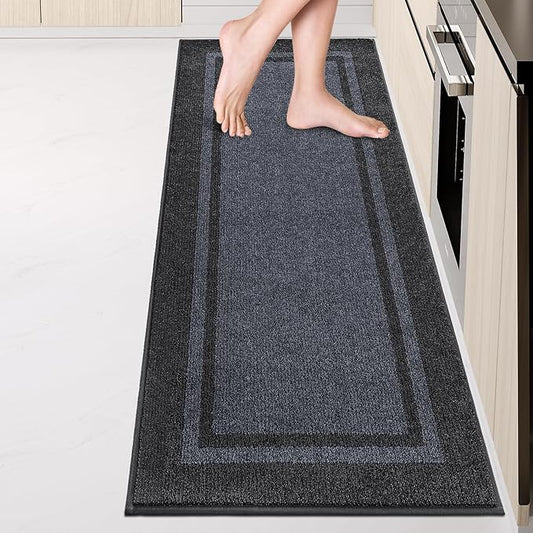 Kitchen Rugs 24" x 84", Non-Slip Machine Washable Kitchen Runner Rugs Floor Mats, Absorbent Comfort Standing Mats for Kitchen, Sink, Laundry and Hallway, Rolled Packaging, Bluish Grey & Charcoal