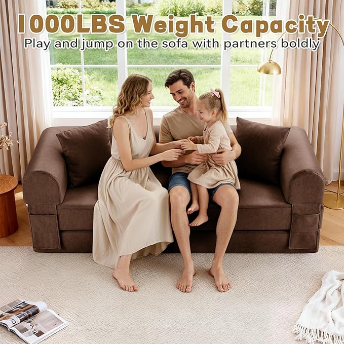 Convertible Sleeper Sofa Bed,78.5 Inch Faux Leather Futon Couch with Pillows & Storage Pocket,5-in-1 Folding Sofa Bed Queen with Pull Out Beds,Boneless Couches for Living Room,Couch in a Box,Brown