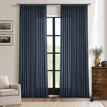 Extra Long Navy Linen Curtains 120 Inches Long Dark Blue Indigo Farmhouse Modern Curtain Light Filtering Semi Sheer Back Tab Pinch Pleat Curtain for Tall Ceiling Living Room Bedroom 2 Panels