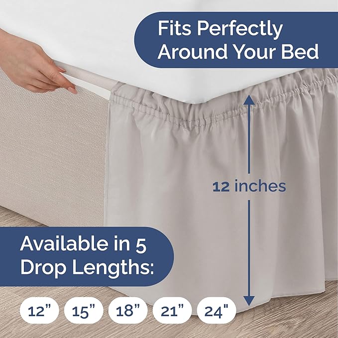 Wrap Around Dust Ruffle Bed Skirt - Light Grey - for King Size Beds with 12 Inch Drop - Elastic Strap - Adjustable Pleated Bedskirt with Brushed Fabric and Wrinkle Free - for Women, Men, Kids & Teens