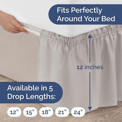 Wrap Around Dust Ruffle Bed Skirt - Light Grey - for King Size Beds with 12 Inch Drop - Elastic Strap - Adjustable Pleated Bedskirt with Brushed Fabric and Wrinkle Free - for Women, Men, Kids & Teens