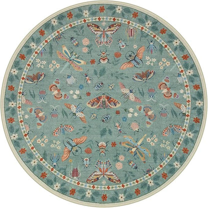 Lahome Insect Washable Round Rugs, Non-Slip Soft Round Rug 4ft Ultra-Thin, Small Boho Circle Carpet for Entryway Kitchen Bedroom Nursery Bathroom, Green
